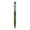 A metal ball pen in olive green with a silver clip and a logo on the side.