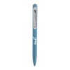A blue metal ballpoint pen with a sleek design and a clip, featuring a logo on the barrel.