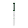 A white metal ballpoint pen with a green clip and branding, featuring a logo.