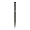 A silver metal ball pen with a sleek design and a logo on the barrel.