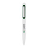 A white metal ballpoint pen with a green clip and branding.