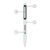 A metal ball pen in white with a green clip, featuring a logo and numbered points for design details.