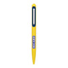 A yellow metal ballpoint pen with a navy blue accent and a logo.