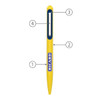 A metal ballpoint pen in yellow with a blue clip and a logo. Features a sleek design for writing.