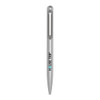 A silver metal ball pen with a sleek design and a clip, featuring a logo.