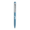 A blue metal ball pen with a sleek design and a logo, featuring a twist mechanism for writing.