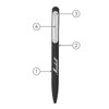 A black metal ballpoint pen with silver accents and a logo, featuring a sleek design and clip.