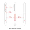 A diagram of a metal ball pen with three labelled zones for printing, showcasing its design and dimensions.