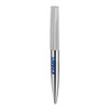 A metal ballpoint pen with a sleek silver finish and a clip top. It features a logo on the barrel.