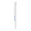 A metal ball pen in white with a sleek design and a clip. It features a blue logo.