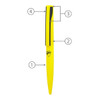 A bright yellow metal ballpoint pen with a sleek design and a black clip, featuring a logo.