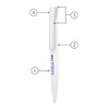 A white metal ballpoint pen with a twist mechanism and a clip, featuring a logo on the barrel.