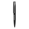 A black metal ballpoint pen with a sleek design and a logo on the barrel.