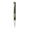 A metal ball pen with a twist mechanism, featuring a dark green barrel and a silver clip, along with branding.