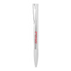 A silver metal ball pen with a white tip and a clip, featuring a logo.