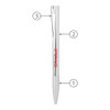 A silver metal ballpoint pen with a white tip and clip, featuring a logo on the barrel.