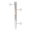 A metal ballpoint pen with a beige body and white tip, featuring a silver clip and a logo.