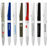 A collection of eight metal ball pens in various colours, featuring logos on some aspects.