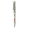 A metal twist ball pen in grey with a silver clip and end, featuring a logo on the barrel.