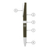 A metal ballpoint pen in green with silver accents and a logo, designed for writing.
