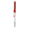A metal ball pen in red and white with a silver clip and branding on the barrel.