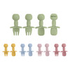 Silicone kids cutlery set in pastel colours, including green, yellow, blue, and pink, featuring bear-shaped designs.