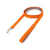 An orange printed dog lead with a silver clip and grey lining, featuring a soft grip handle.