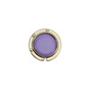 A round, foldable desk hook with a purple circular insert and a metallic gold frame. It includes a logo.