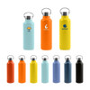A drink bottle collection featuring 500ML/720ML insulated designs in blue, orange, yellow, and black, with various logos.