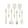 A silicone kitchenware set in cream colour includes a spatula, ladle, slotted spatula, basting brush, and other utensils.