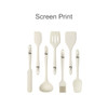 A silicone kitchenware set in cream, featuring various tools including a spatula, spoon, and ladle, with a logo.