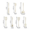 A set of beige silicone kitchenware, including spatulas, a ladle, a brush, and a slotted turner, with measurements provided.
