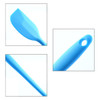 A blue spatula with a flat head and a handle featuring a hole for hanging. The spatula has a smooth finish.