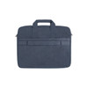 A navy blue laptop bag featuring dual handles and a front pocket, designed to hold a laptop securely.