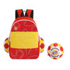 A foldable gym bag in red and yellow with football motifs and a logo, accompanied by a matching football.