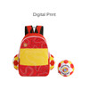 A foldable gym bag in red and yellow with a digital print design, featuring a logo and two soccer balls on the sides.