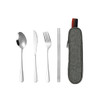 A travel cutlery set in silver, featuring a spoon, knife, fork, and chopsticks, housed in a grey case with a logo.