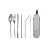 A stainless steel flatware set featuring a spoon, fork, knife, two metal straws, a bent straw, a cleaning brush, and a grey case.