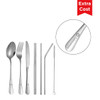 A stainless steel flatware set with a spoon, fork, knife, and reusable straws in silver, featuring a logo.