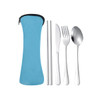 A blue travel cutlery set with silver forks, knife, spoon, and chopsticks, enclosed in a matching case.