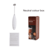 A white milk frother with a silver whisk, packaged in a neutral colour box alongside an instruction pamphlet.