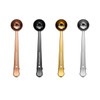 Coffee measuring spoons in copper, black, gold, and silver, with clips and a logo on the handles.