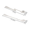 Two stainless steel spoons in silver, one with a hook and the other with a curved design, both measuring around 17 cm.