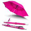 A pink umbrella with a silver handle and a carry strap, displayed both opened and folded. It features a logo.