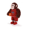 A brown plush toy in a red basketball uniform, holding a basketball, featuring a logo on the outfit.
