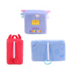 A block plush toy in blue and red, featuring monster designs and a plastic O ring for attachment.