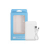 A white 5000mAh power bank with a built-in charging cable, displayed in a blue box.