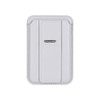 A white PU magnetic card holder with a phone stand feature and a small metal clasp. It has a sleek design.