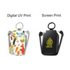 A mini power bank with flashlight, featuring a vibrant digital print design on one side and a black screen print with a logo on the other.