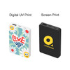 A square power bank in white with a flower design and a black power bank featuring a logo, both with USB ports.